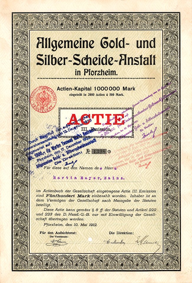 Allgemeine Gold- und Silber-Scheide-Anstalt 500 Mk 1912