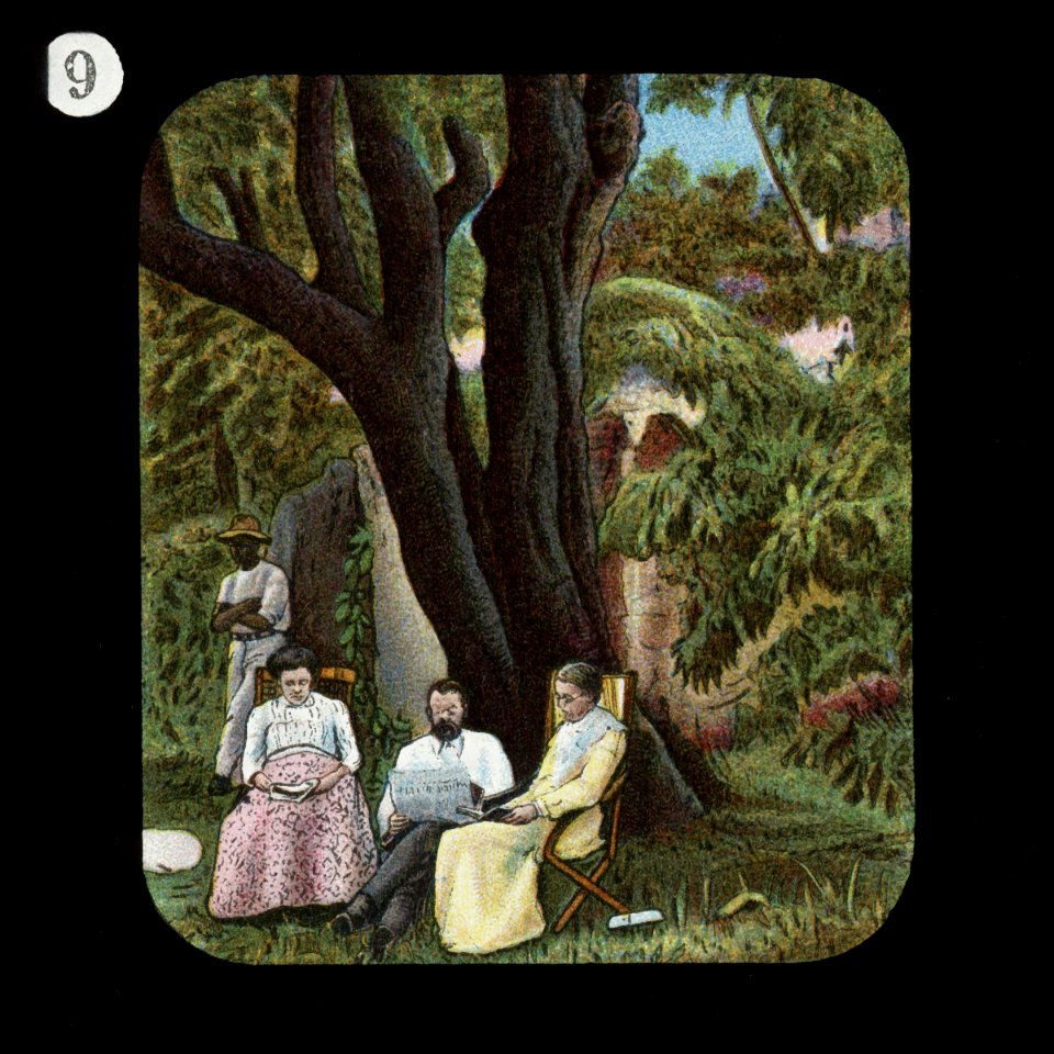Almond Tree at Kuruman (unknown man; Mary Livingstone (née Moffat); Robert Moffat; Mary Moffat (née Smith)) by The London Missionary Society