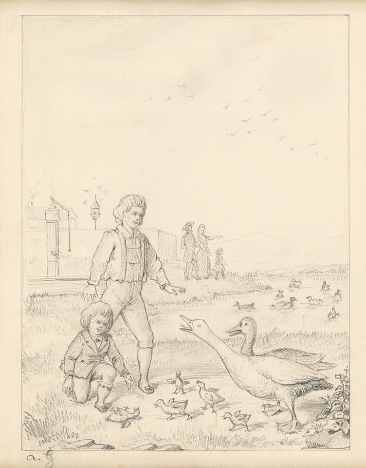 Alois Greil Kinder mit Gänsen am Teich