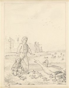 Alois Greil Kinder mit Gänsen am Teich