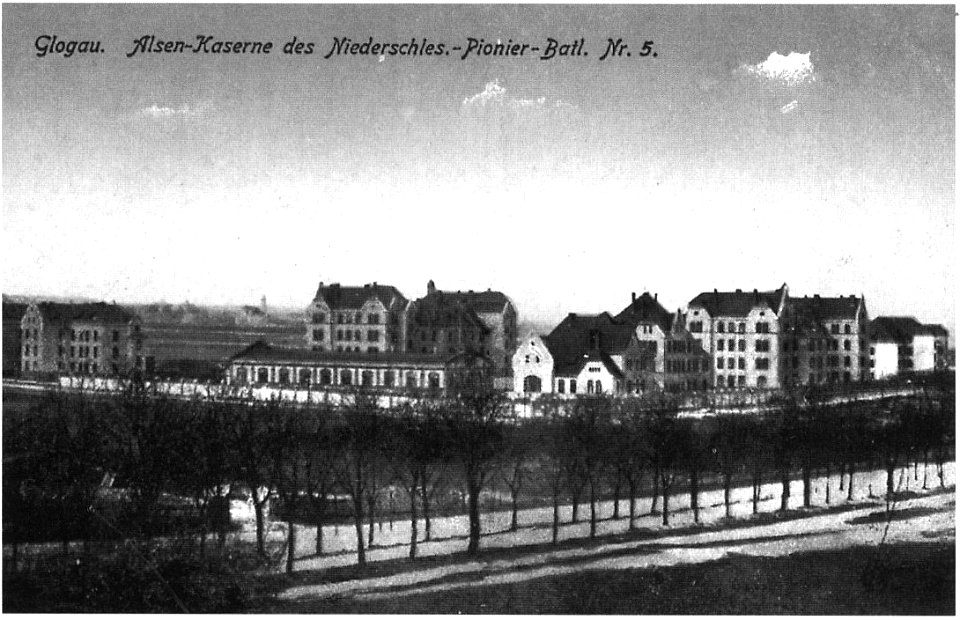 Alsen-Kaserne des Pionier-Bataillons 5 in Glogau, Postkarte von 1919