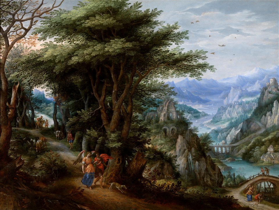 Denis van Alsloot & Hendrik de Clerck - Landschap met jonge Tobias en engel (KMSKA)