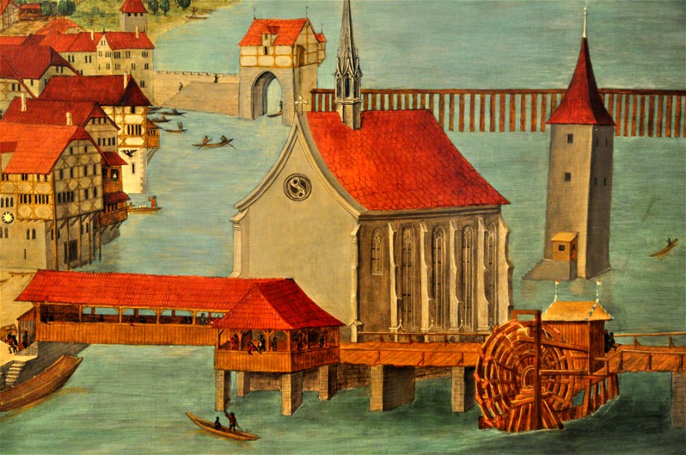 Altartafeln von Hans Leu d.Ä. (Haus zum Rech) - rechtes Limmatufer - Wasserkirche & Münsterbrücke mit Mühlen 2011-08-17 15-27-40
