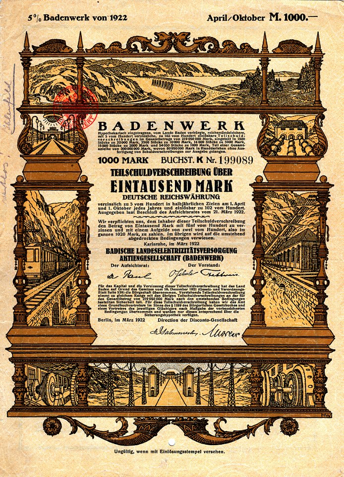 Badische Landeselektrizitätsversorgung 1000 Mk 1922