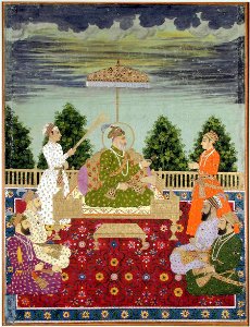 Bahadur Shah I with his sons handing a sarpech to a grandson, ca. 1710. San Diego Museum of Art. Free illustration for personal and commercial use.