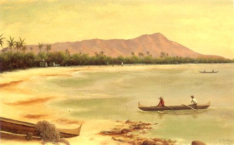 'Canoes at Diamond Head', oil on canvas painting by Edward Bailey, 1890, Maui Historical Society