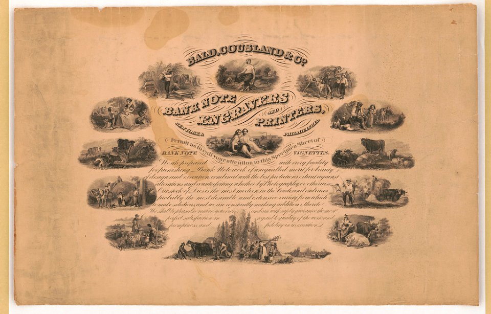 Bald, Cousland & Co. bank note engravers & printers, New York & Philadelphia. Permit us to call your attention to this specimen sheet of bank note vignettes LCCN2015647099