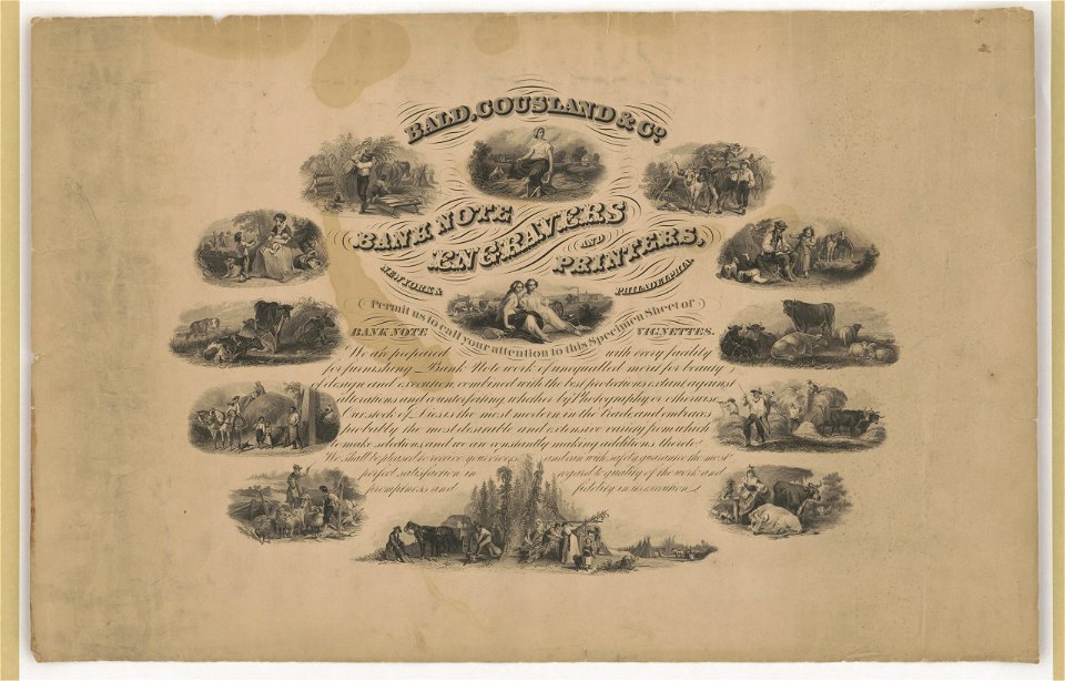 Bald, Cousland & Co. bank note engravers & printers, New York & Philadelphia. Permit us to call your attention to this specimen sheet of bank note vignettes LCCN2015647099