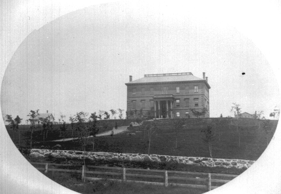 Ballou Hall with newly planted trees, 1860