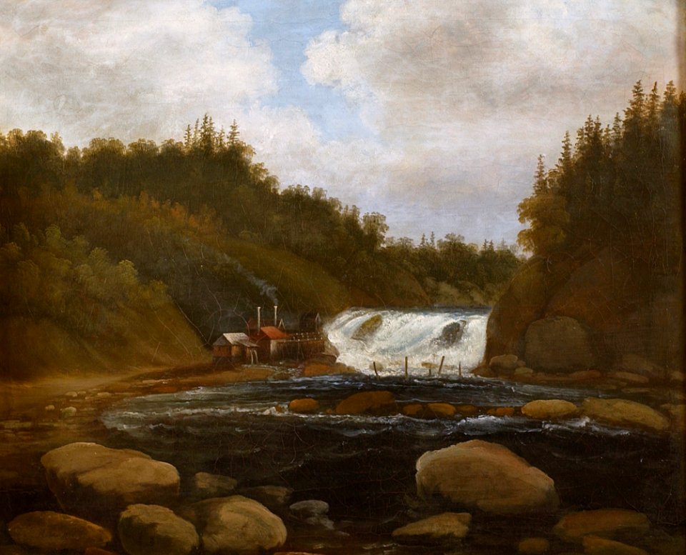 Peder Balke - Landskap med sag og fossestryk (1840)