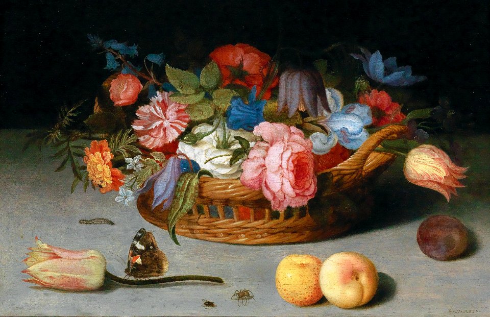 Balthasar van der Ast - Roses, tulips, irises and other flowers in a wicker basket, with fruit and insects on a ledge