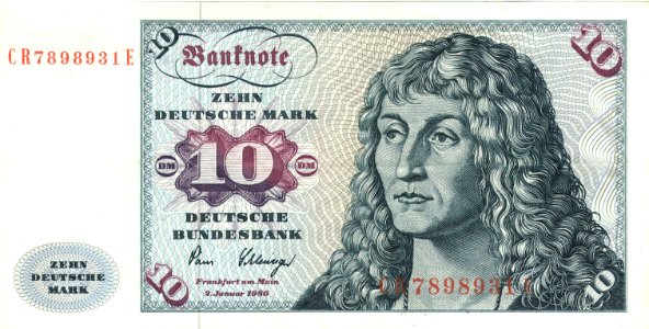 Banknote mit dem Nominalwert 10 Deutsche Mark (Serie 1961), Wertseite, ausgegeben 1980