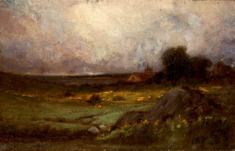Edward Mitchell Bannister - Untitled (landscape with rock in foreground and roof with steeple, lake in background) - 1983.95.90 - Smithsonian American Art Museum
