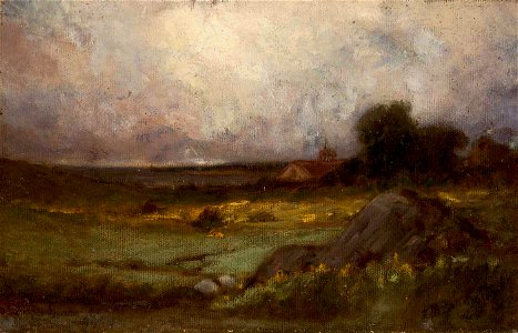 Edward Mitchell Bannister - Untitled (landscape with rock in foreground and roof with steeple, lake in background) - 1983.95.90 - Smithsonian American Art Museum