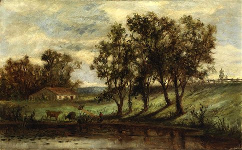 Edward Mitchell Bannister - Untitled (man with cows grazing near pond with house and trees in background) - 1983.95.80 - Smithsonian American Art Museum
