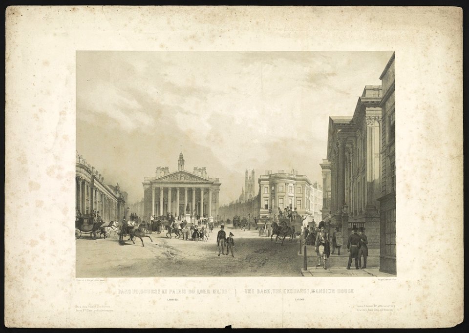 Banque, Bourse et palais du Lord Maire, Londres The bank, the exchange, Mansion House, London - - Tuonra (Arnout spelled backwards) ; dessiné et lith. par Jules Arnout ; imp. par Lemercier à LCCN2013650024