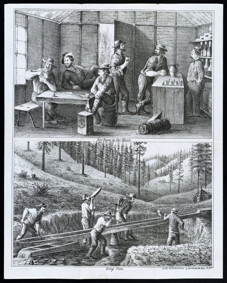 Bar room in the mines ; Long tom - - Lith. & published by Britton & Rey, S.Fo. LCCN2011661689