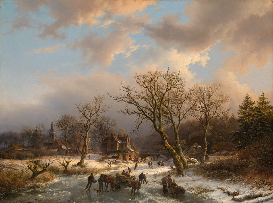 Barend Cornelis Koekkoek - Een dorp en een oud gebouw in een boomrijk landschap aan een bevroren water - SA 610 - Amsterdam Museum