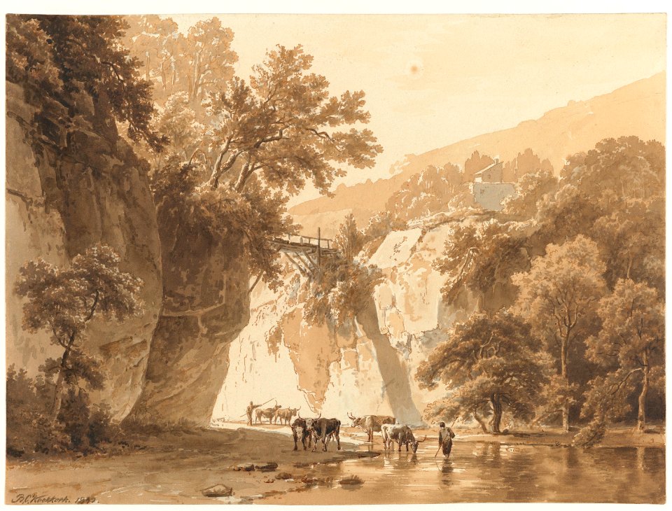Barend Cornelis Koekkoek - Rotsachtig landschap met drinkende koeien