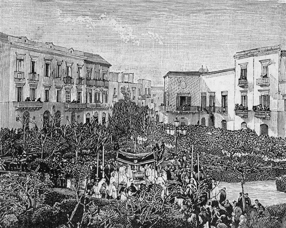 Barletta – Largo Plebiscito, con la processione del Venerdì Santo (xilografia)