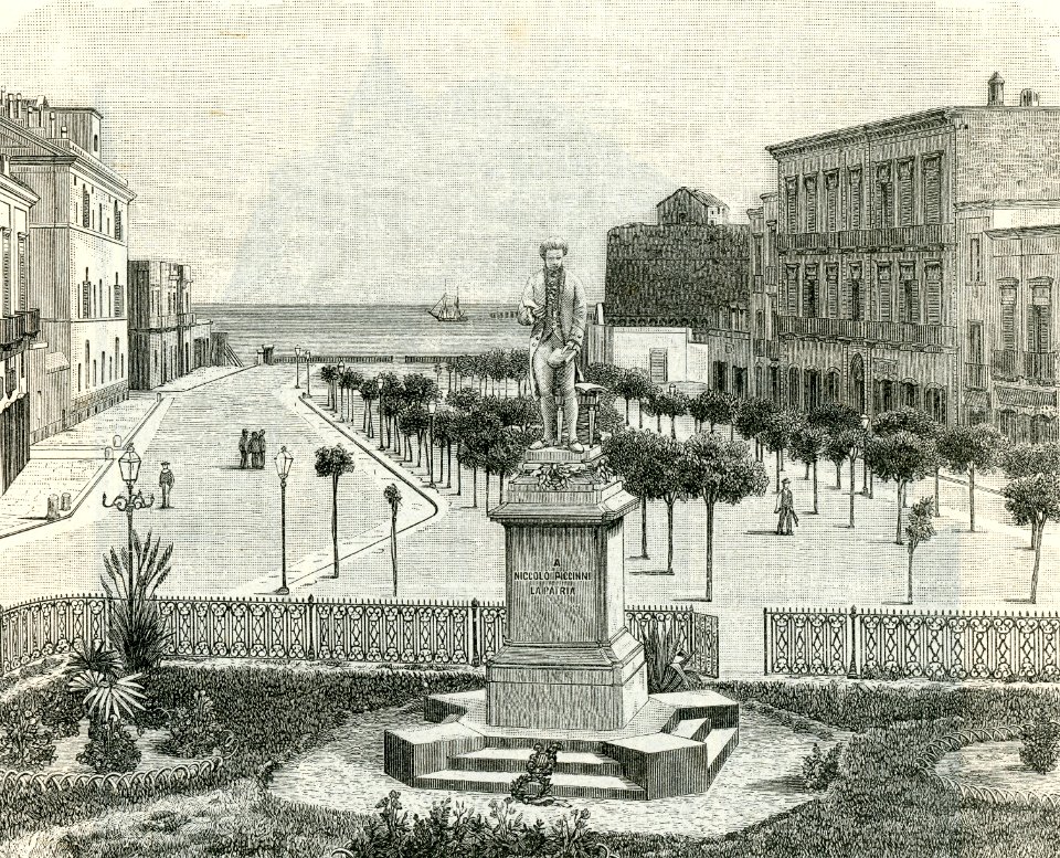 Bari Piazza della prefettura e monumento a Nicolò Piccinni xilografia di Barberis 1898