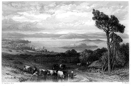 Barnbugle Castle and Firth of Forth, from Laurieston Castle engraving by William Miller after C Stanfield. Free illustration for personal and commercial use.