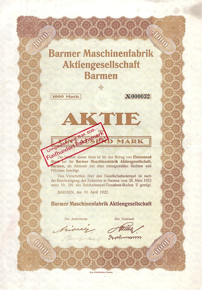 Barmer Maschinenfabrik 1000 Mk 1922