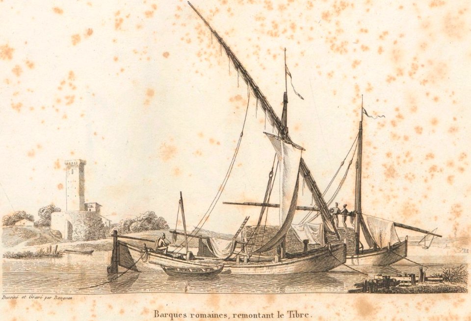 Barque romaine remontant le Tibre au début du XIXeme siècle