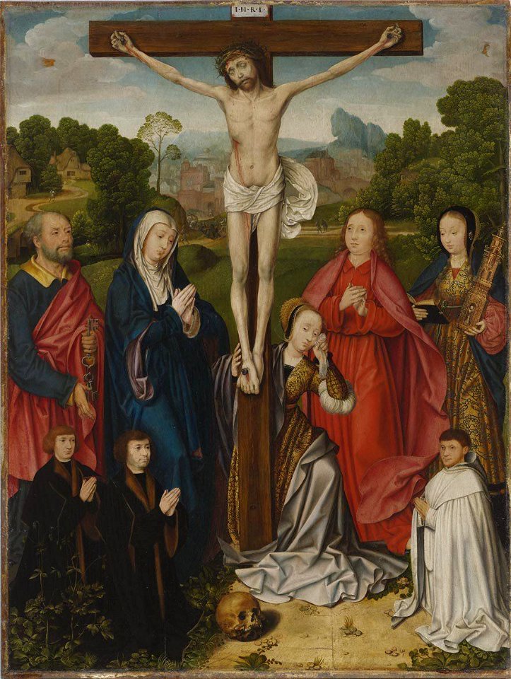 Bartholomäus Bruyn d. Ä. - Kreuzigungsaltar, Christus am Kreuz mit hll. Petrus, Maria, Maria Magdalena, Johannes d. Ev. und Barbara sowie drei Stiftern - WAF 89 - Bavarian State Painting Collections
