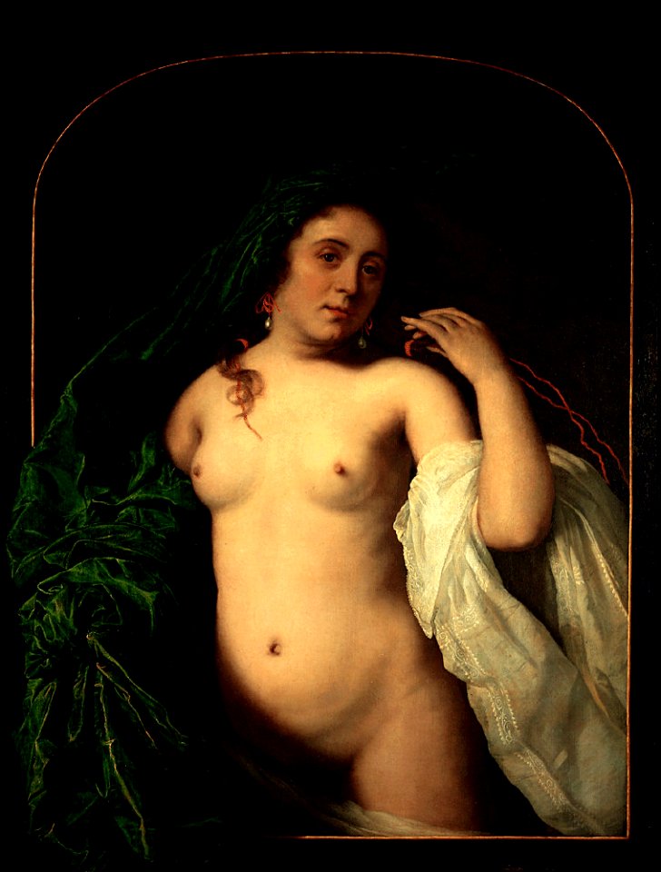 Bartholomeus van der Helst - Jonge ontsluierde vrouw heft een gordijn op
