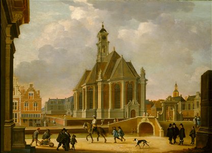 Bartholomeus van Bassen, De Nieuwe Kerk aan het Spui gezien vanuit het oosten, 1650. Free illustration for personal and commercial use.