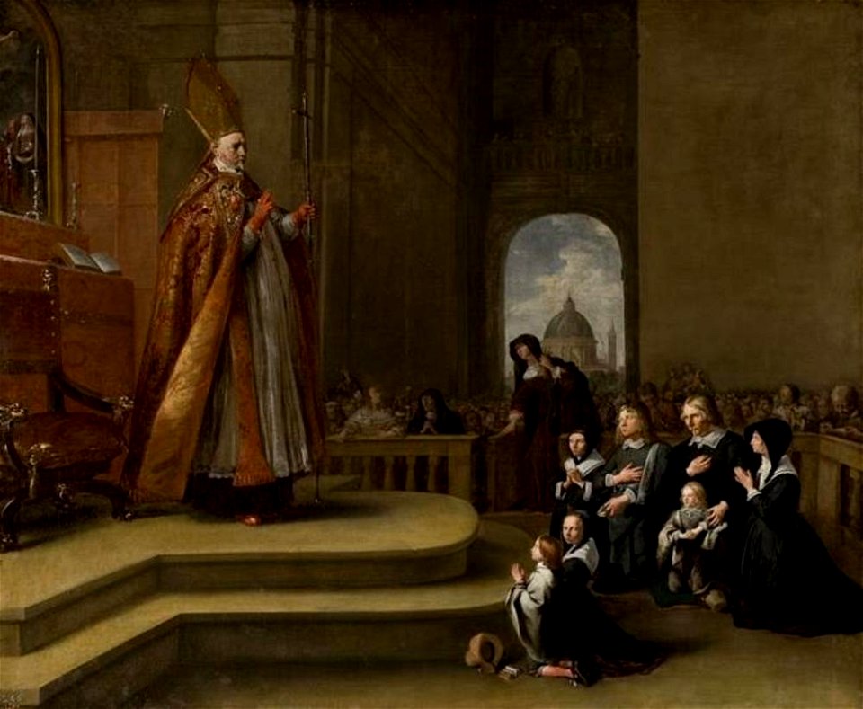 Bartholomeus Breenbergh - Kerkinterieur met Philippus Rovenius (1574-1651) die een familie zegent, mogelijk Jacob van Wassenaer (1592-1658) en zijn gezin - P002293 - Museo del Prado