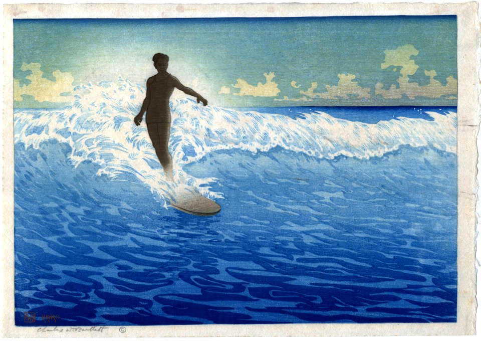 'Hawaii, The Surf Rider', woodblock print by Charles W. Bartlett, 1921