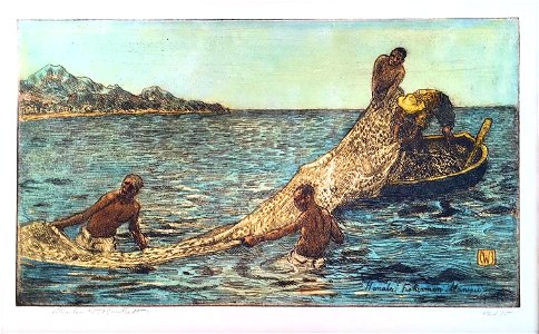 Hanalei Fishermen, Hawaii , hand colored etching by Charles W. Bartlett, c. 1923