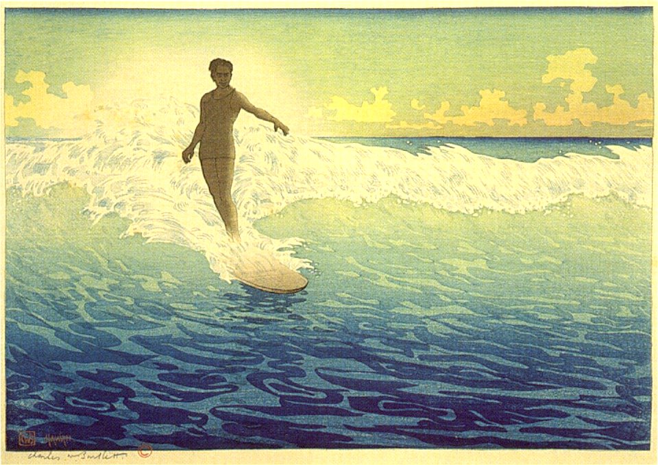 'Hawaii, The Surf Rider', woodblock print by Charles W. Bartlett, 1921, Honolulu Academy of Arts
