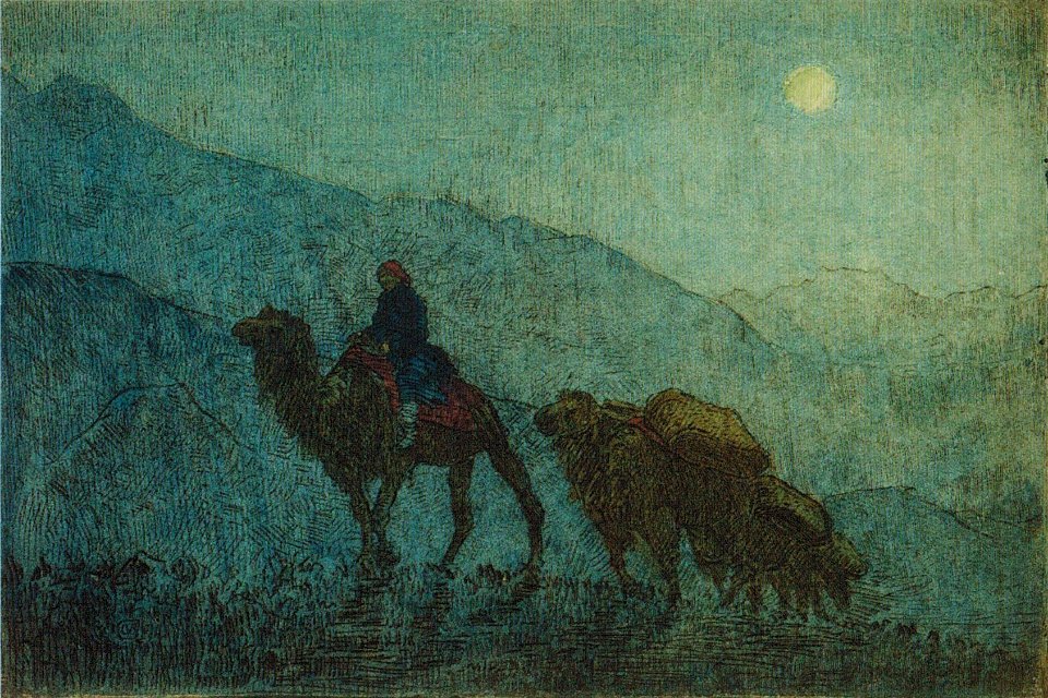 'Moonlight on Western Hills, Peking', etching with hand-applied watercolor, c. 1923, Honolulu Academy of Arts