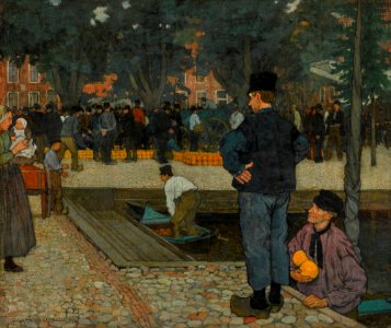 A Dutch Cheese Market by Charles William Bartlett, 1899, oil. Free illustration for personal and commercial use.