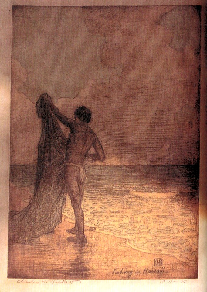 'Fishing in Hawaii', hand colored etching by Charles W. Bartlett, c. 1923-27, HAA