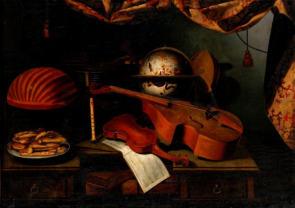Bartolomeo Bettera - Stilleben mit Musikinstrumenten, Globus und einem Teller mit Gebäck - GG 6989 - Kunsthistorisches Museum