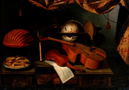Bartolomeo Bettera - Stilleben mit Musikinstrumenten, Globus und einem Teller mit Gebäck - GG 6989 - Kunsthistorisches Museum