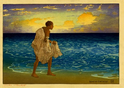 'Hawaiian Fisherman', woodblock print by Charles W. Bartlett, 1919, Honolulu Academy of Arts
