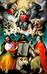 Bartolomeo Passerotti - The Coronation of the Virgin with Saints Luke, Dominic, and John the Evangelist - Google Art Project. Free illustration for personal and commercial use.