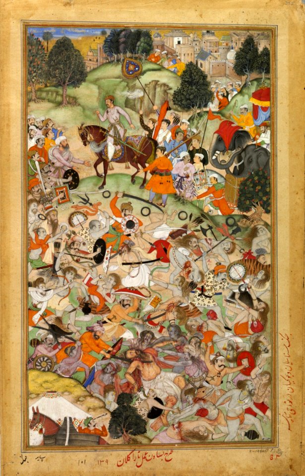 Basawan. Battle of rival ascetics. Akbarnama, ca. 1590, V&A Museum