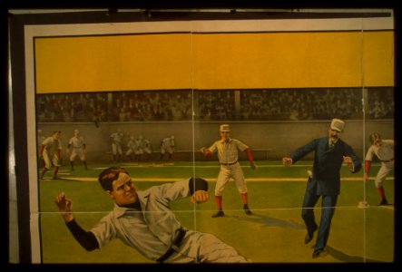 Baseball player sliding into second base as throw arrives from third base LCCN99472756