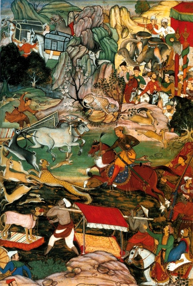 Basawan. Akbar hunts in the neighbourhood of Agra. Akbarnama 1590-95 Victoria and Albert Museum.