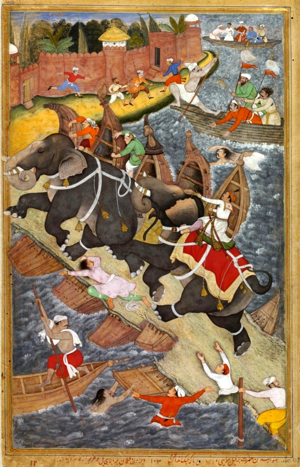 Basawan. Akbar Taming Mad Elephant Hawai. Composition by Basawan, coloring by Chitra. (left part) Akbarnama, ca. 1590, Victoria and Albert Museum, London