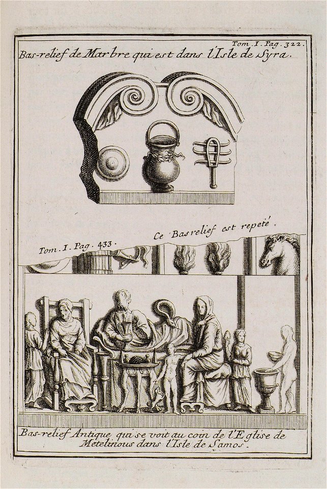 Bas-relief de Marbre qui est dans l'Isle de Syra Bas-relief Antique qui se voit au coin de l'Eglise de Metelinous dans l - Tournefort Joseph Pitton De - 1717