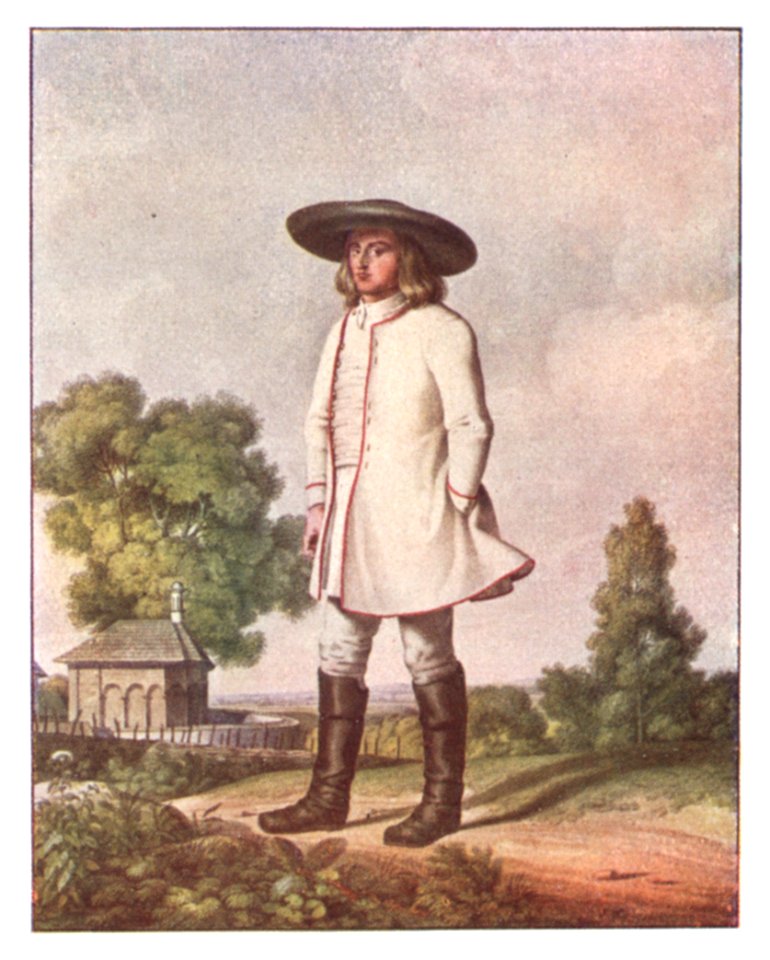 143 Die Winterkleidung der Bauern in der Gegend von Rahn an der Sau, Aquarell von Karl Ruß (1811)
