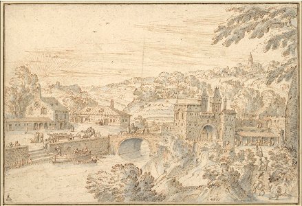 Hendrick van Cleve III - City gate at a bridge in evening landscape