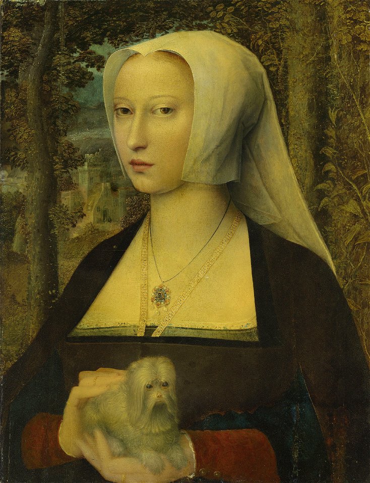 Adriaen Isenbrant - Portrait of a lady, half-length, with a dog